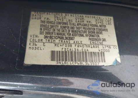 2011 Nissan Versa 1.8S z USA, uszkodzony, nr VIN 3N1BC1CP6BL363507